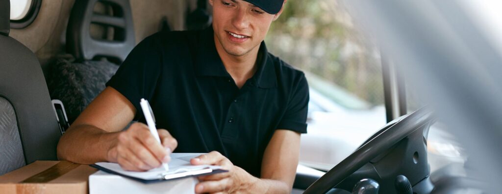 WHG Manchester Delivery driver signing for parcel
